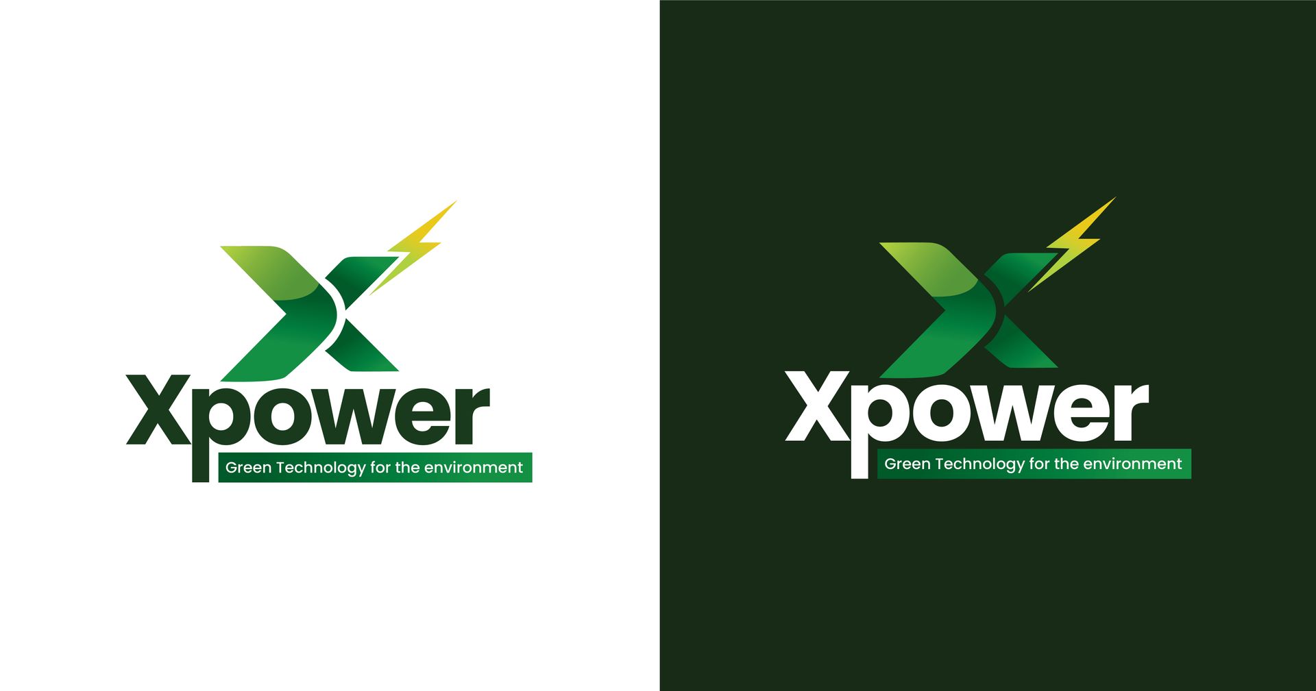 Two logos for Xpower, a green X with lightning, and 