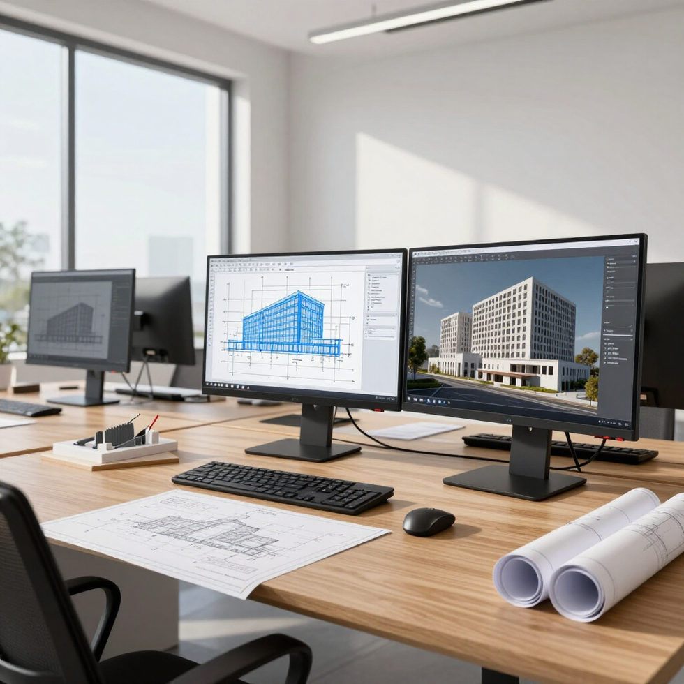 Espacio de trabajo de arquitectura moderna con dos monitores, planos y dibujos enrollados sobre un escritorio de madera.