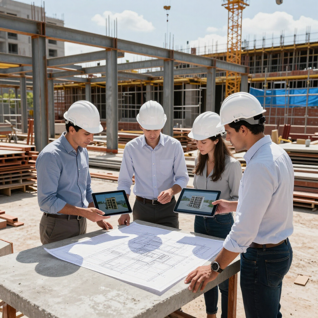 Equipo de construcción revisando planos y pantallas de tabletas en una obra en construcción.