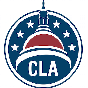 CLA logo with US Capitol building illustration. Blue circle with stars, CLA text, and red dome.
