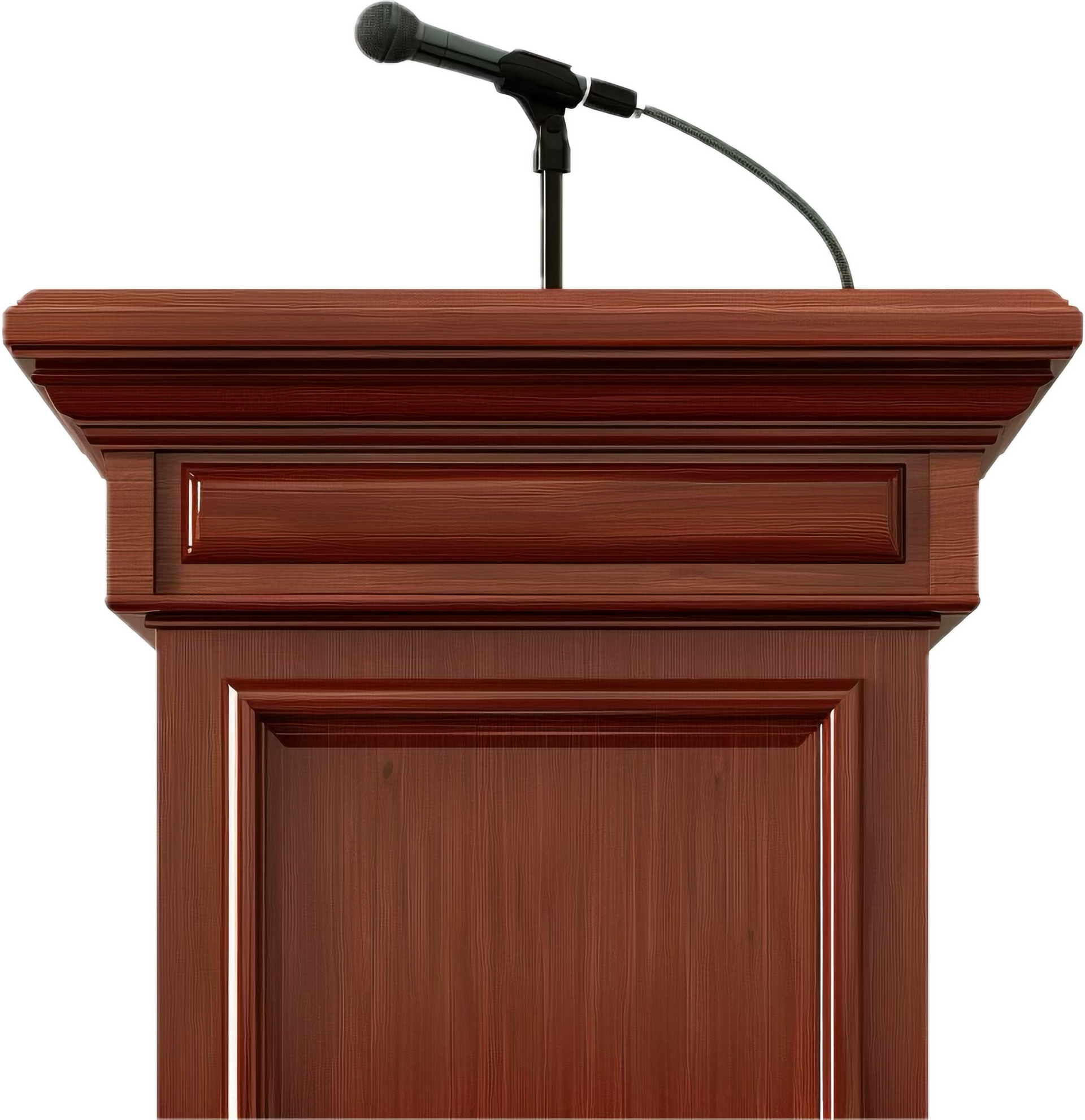Wooden podium with a microphone on top, ready for a speaker.