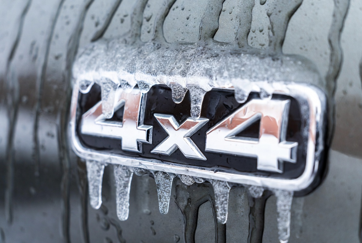 Ice-covered 4x4 emblem on a vehicle. Icy conditions.