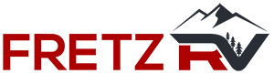 A logo for fretz rv with a mountain in the background