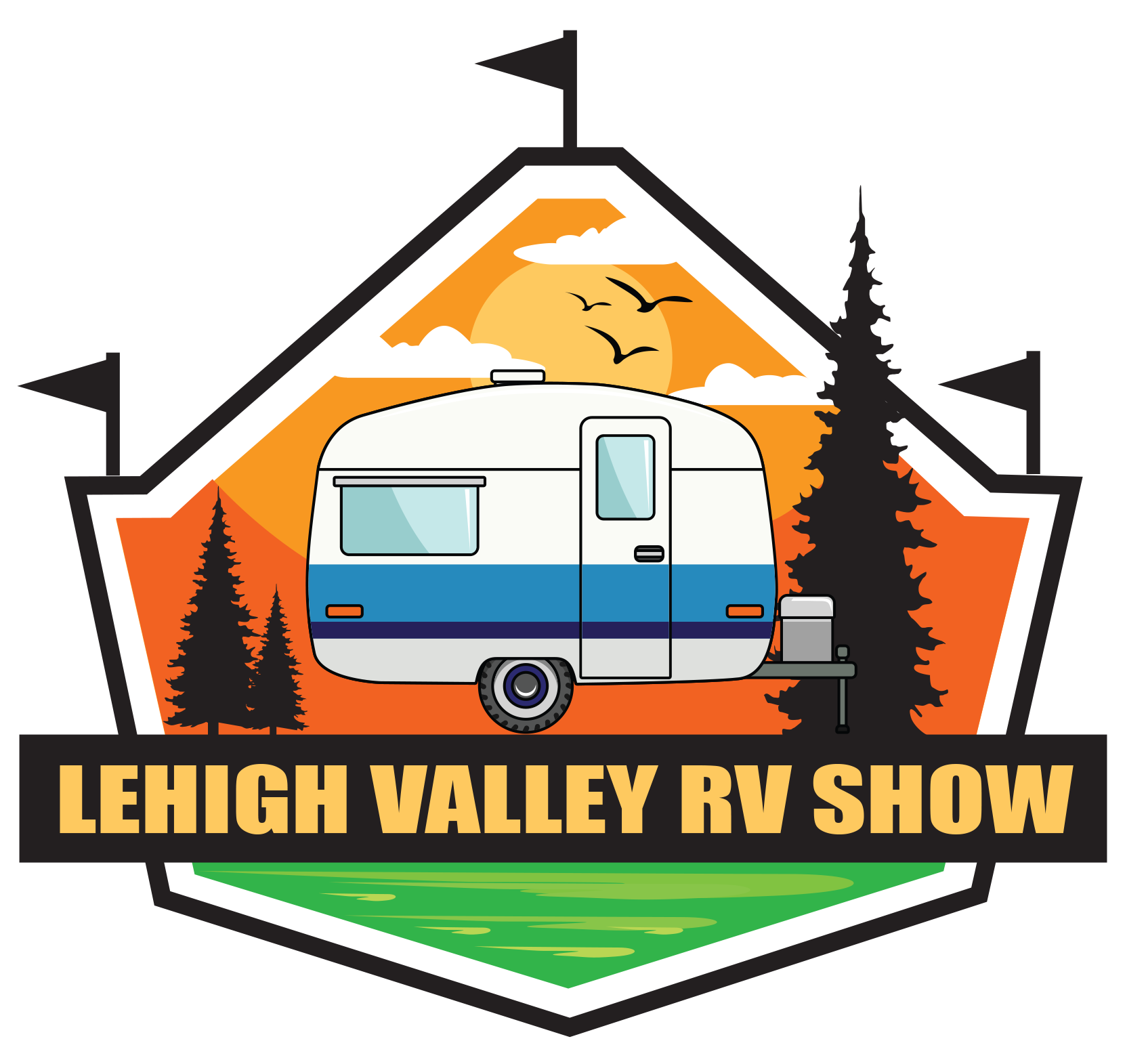A logo for the lehigh valley rv show with a trailer and trees.