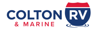 A logo for colton rv and marine with a red white and blue highway sign.