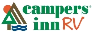 A logo for campers inn rv with a tent and water