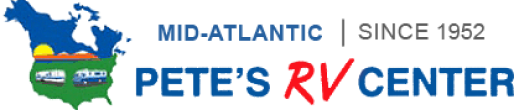 The logo for pete 's rv center shows a map of the united states