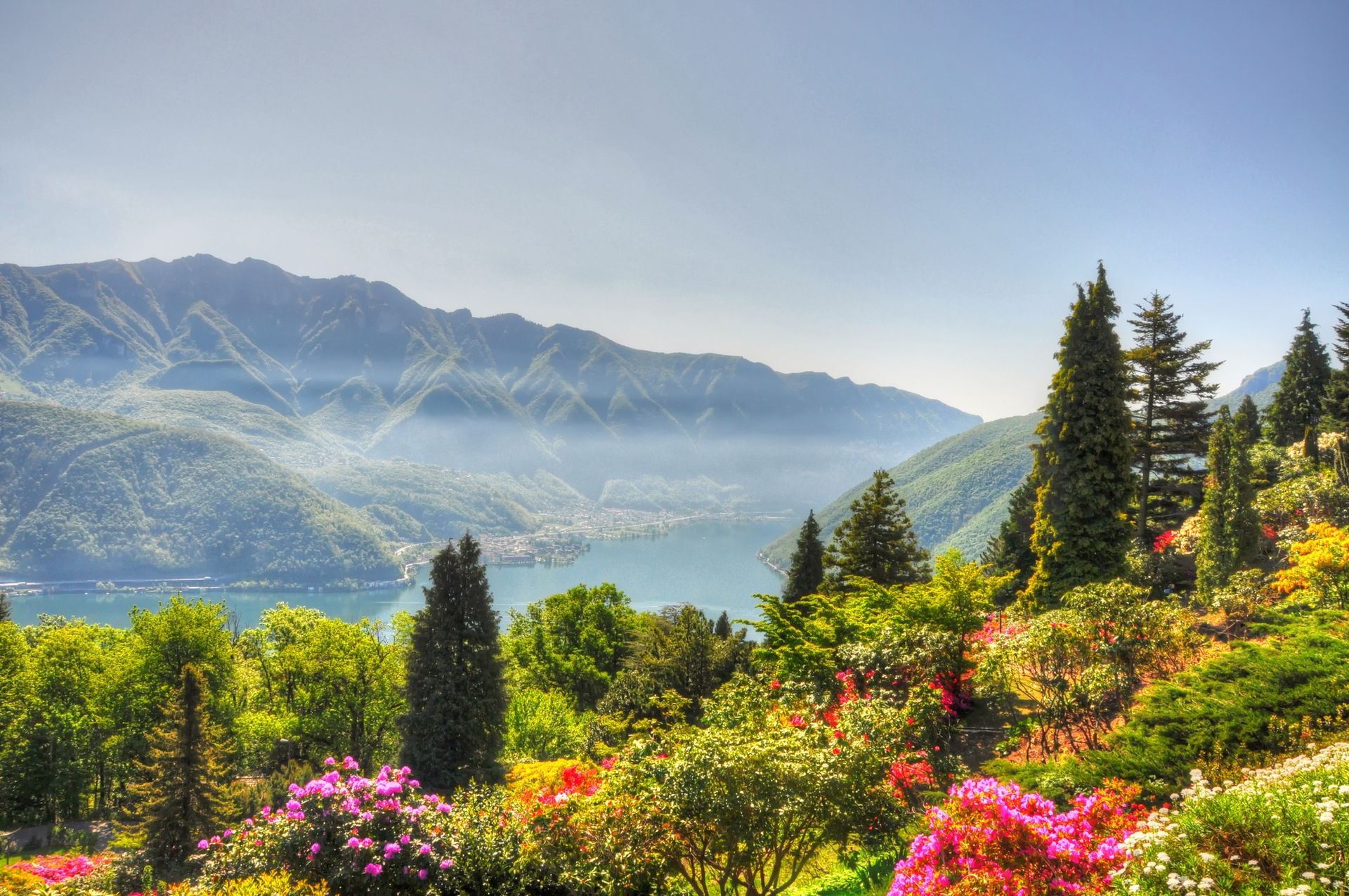 A view of a lake surrounded by mountains and trees.