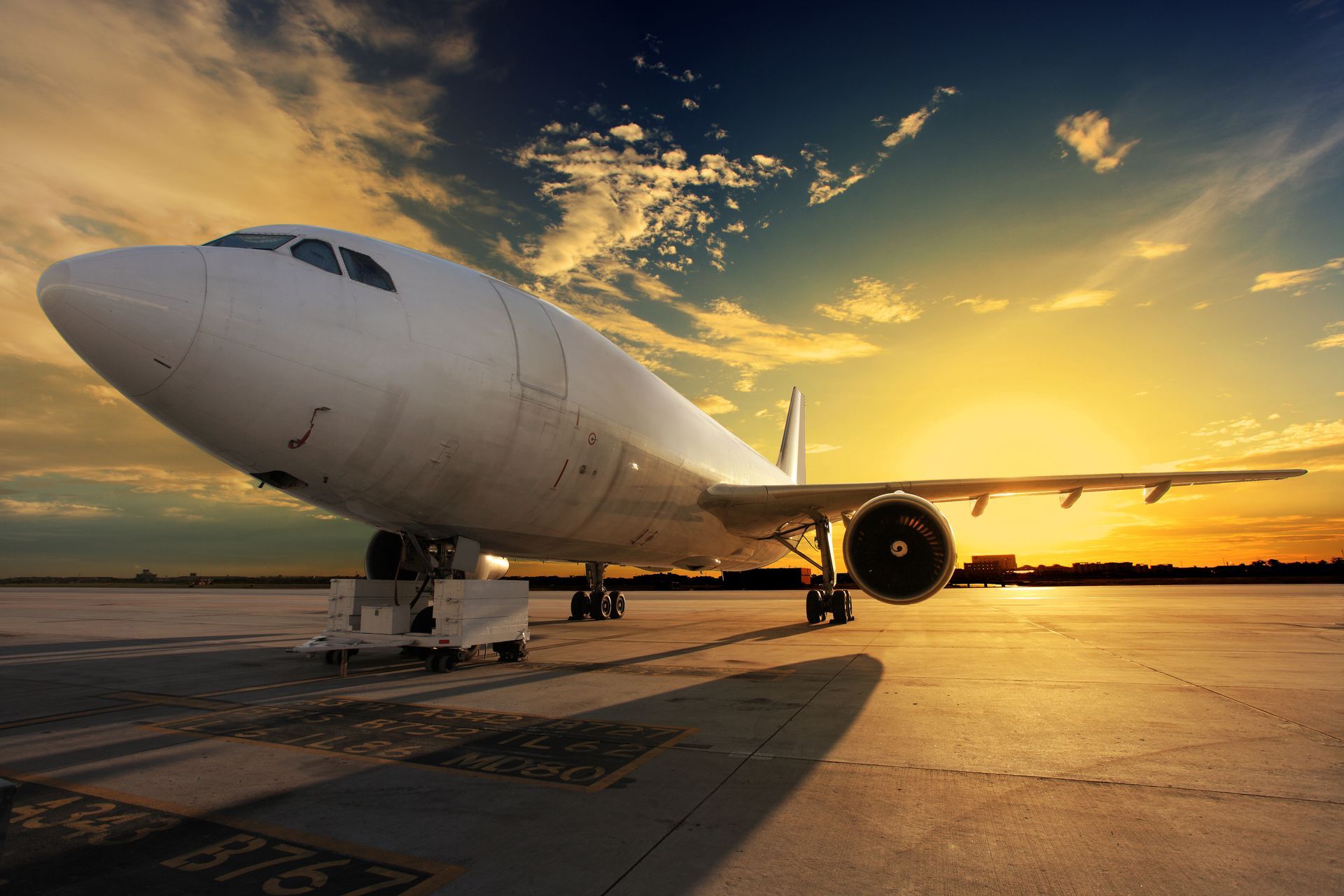 A large passenger jet is parked on the tarmac at an airport at sunset.