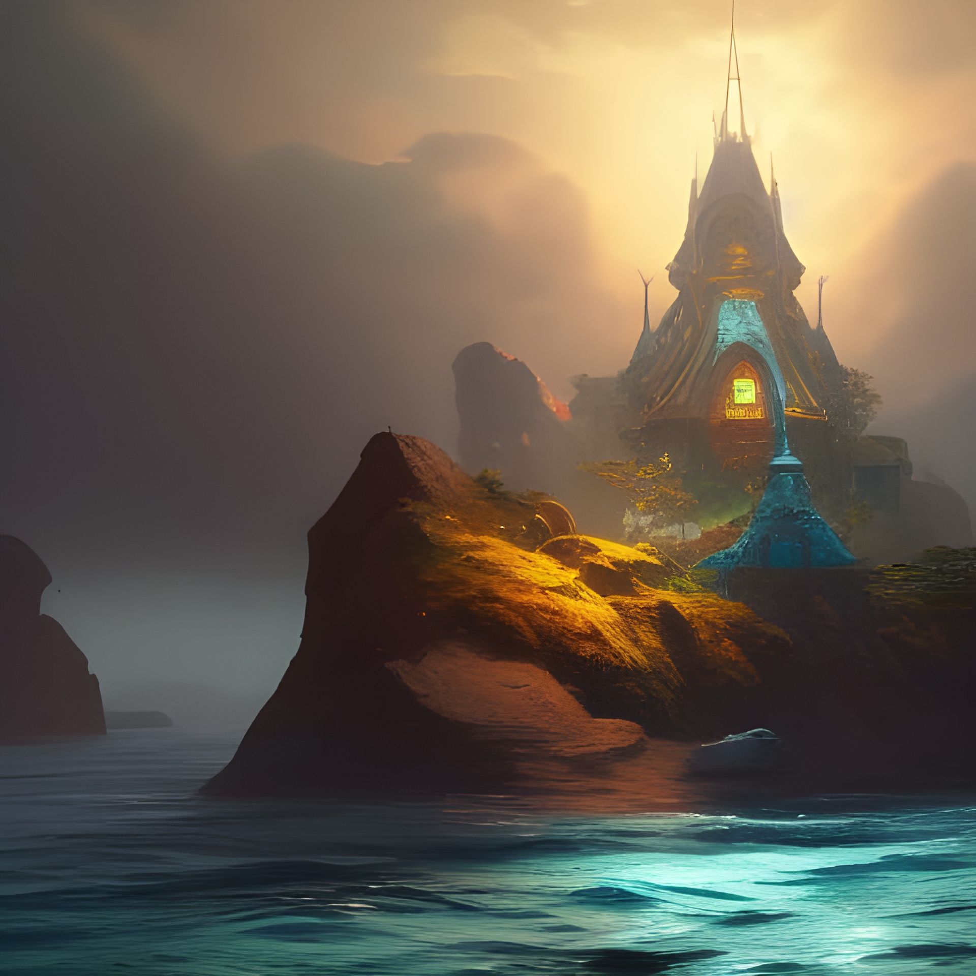 A castle is sitting on top of a rock in the middle of the ocean.