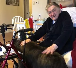 An elderly man is sitting in a chair petting a dog.