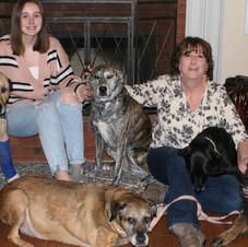 A woman and a girl are sitting on the floor with their dogs.