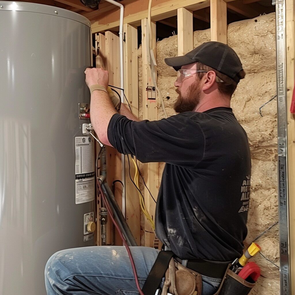 A man is working on a water heater in a room.