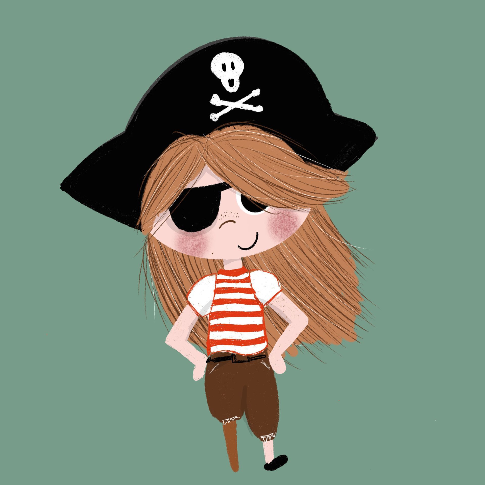 Een getekende piraat met een hoed met doodskop en gekruiste botten, een ooglapje en een gestreept shirt, staand tegen een turquoise achtergrond.