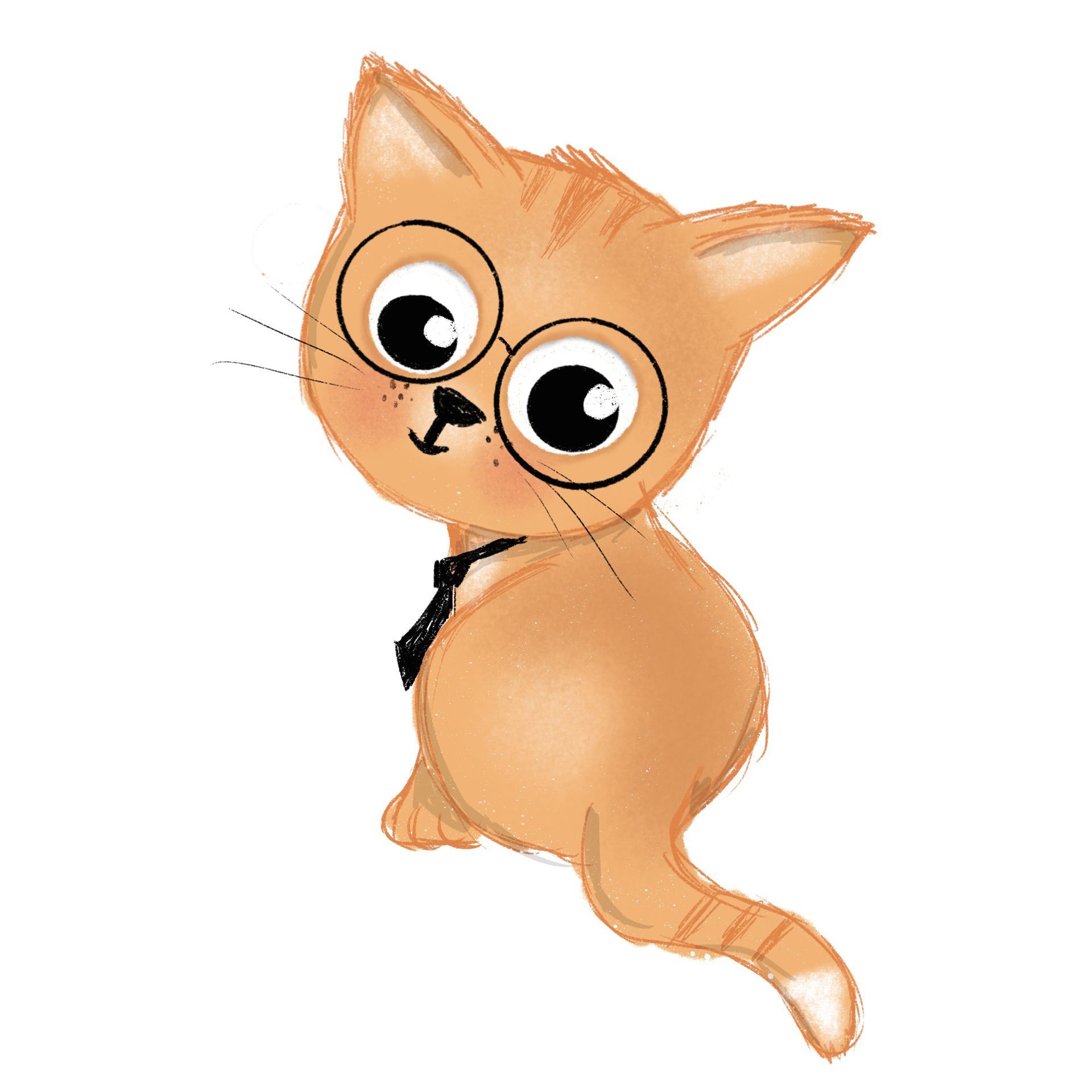 Een getekend roodharig katje met een grote ronde bril en een zwarte vlinderdas, dat over zijn schouder kijkt.