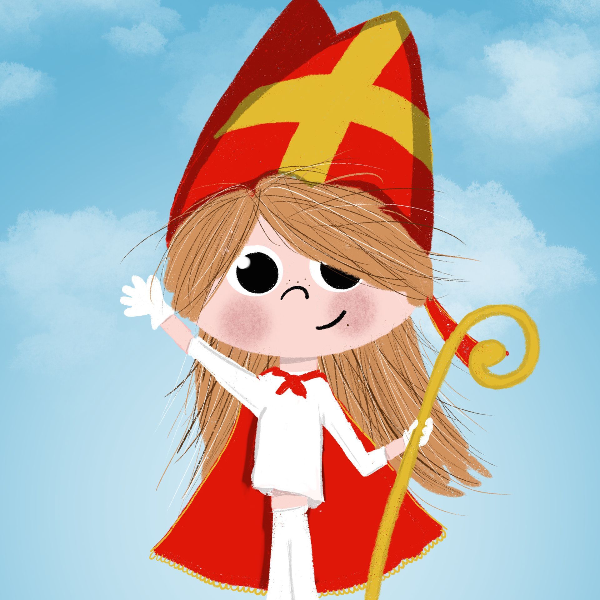 Een stripfiguur met een rode mijter en cape zwaait tegen een blauwe hemel en houdt een gouden herdersstaf vast.