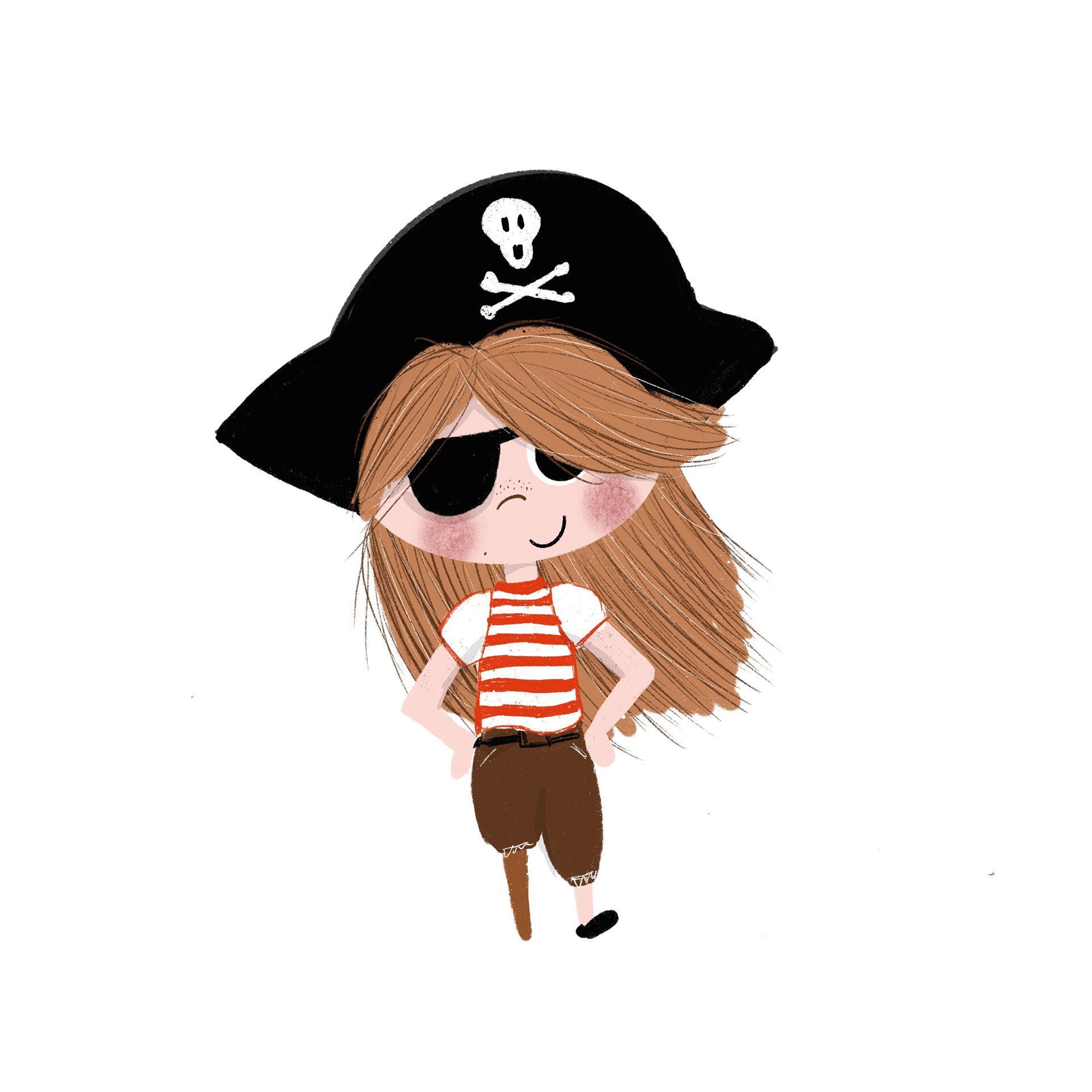 Een getekende piraat met een driekantige hoed met een doodskop en gekruiste botten, een ooglapje, een gestreept shirt en een bruine broek.