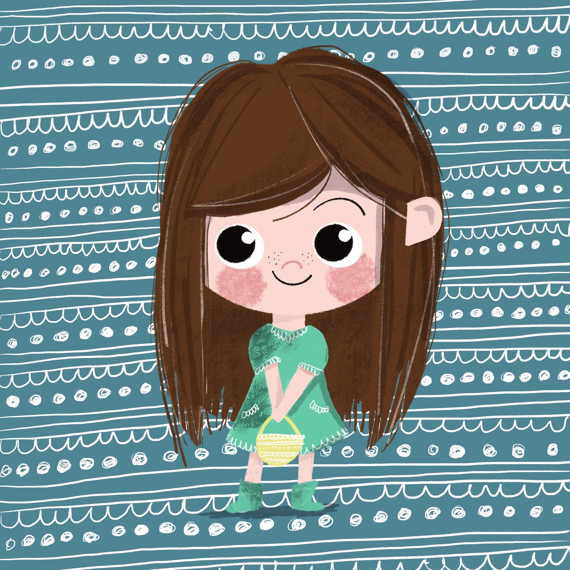 Een stripfiguur met lang bruin haar en een groene jurk houdt een klein geel mandje vast tegen een blauwe achtergrond met een patroon.