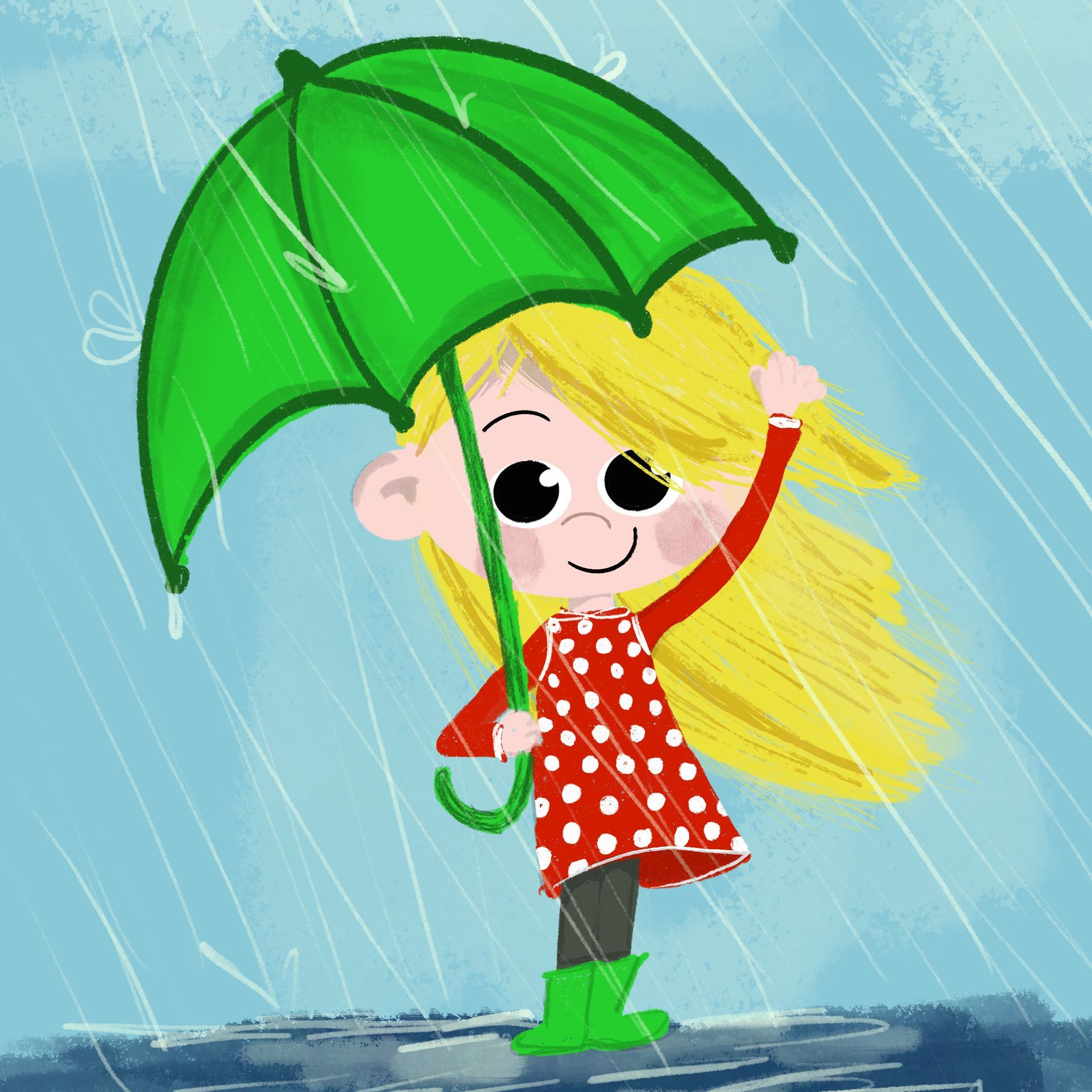 Een cartoonillustratie van een persoon met lang blond haar in een rode jurk met stippen, die een groene paraplu vasthoudt in de regen.