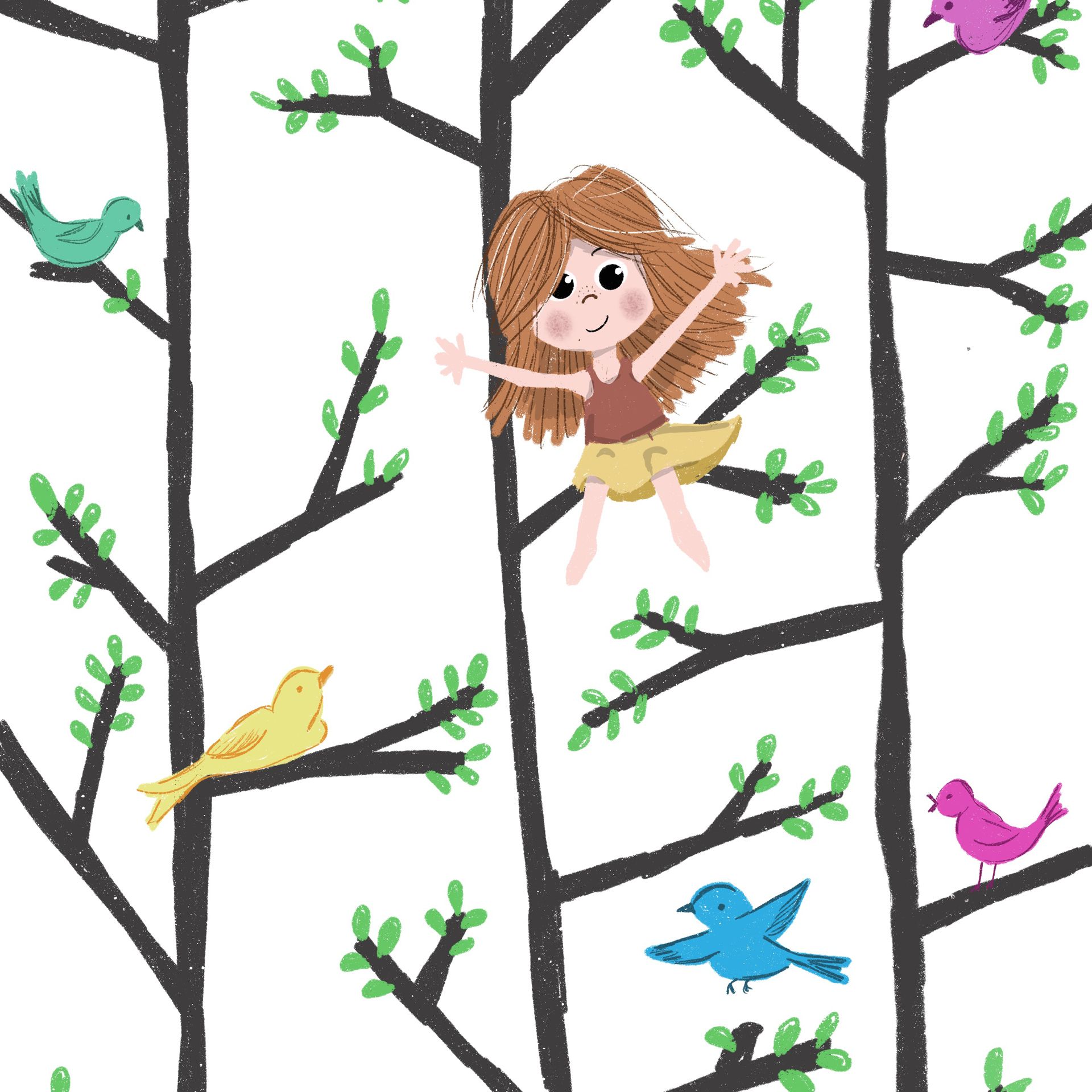 Een cartoonillustratie van een vrolijk persoon met bruin haar die tussen kleurrijke vogels in de bomen zit, op een witte achtergrond.