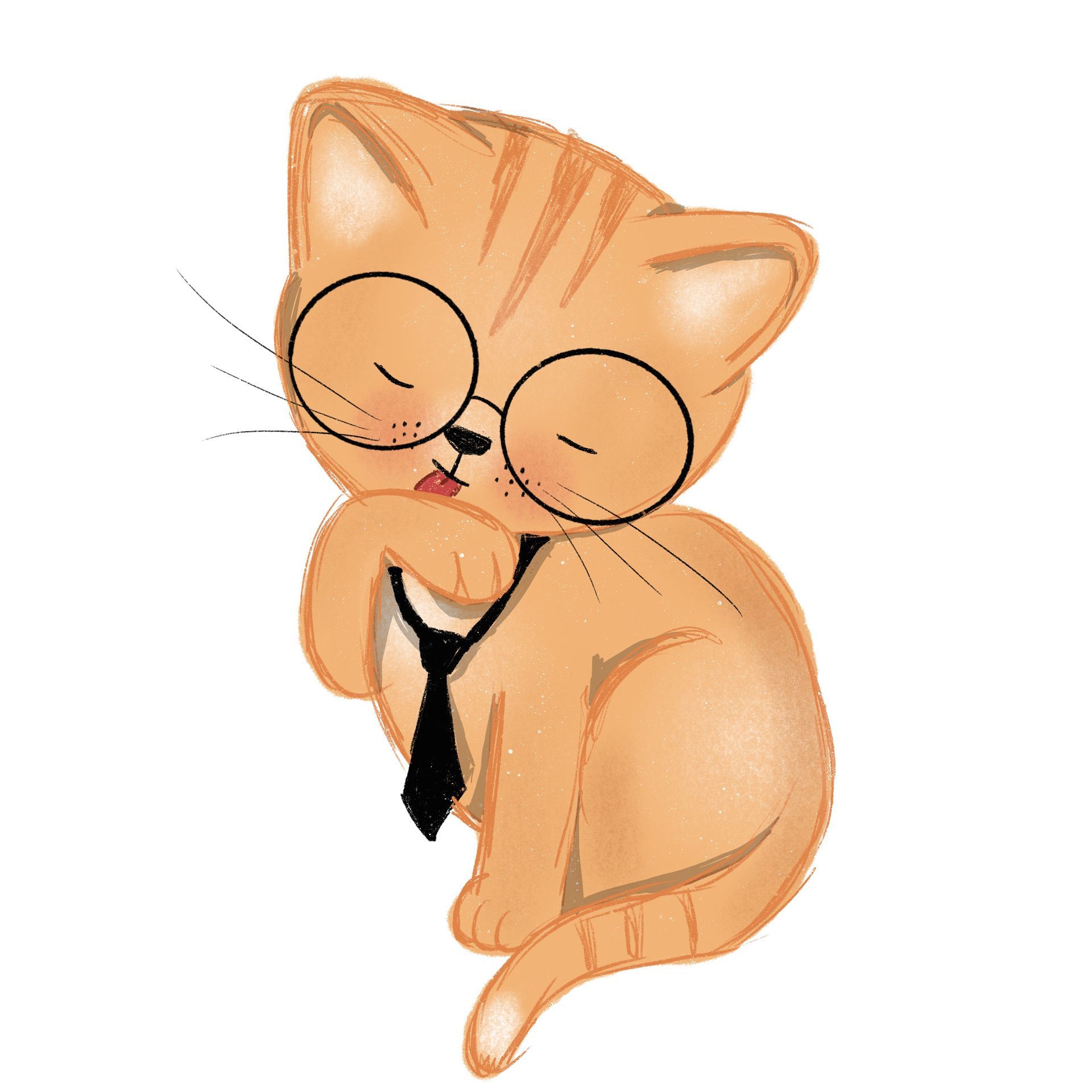 Een schattig, getekend oranje gestreept katje met een ronde bril en een zwarte stropdas, zittend terwijl het aan zijn pootje likt.