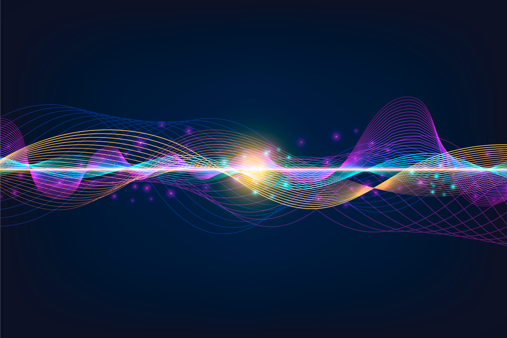 A colorful sound wave on a dark blue background.