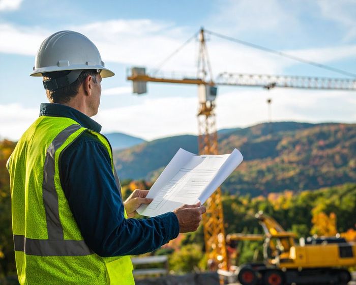 A construction worker is looking at a blueprint at a construction site.