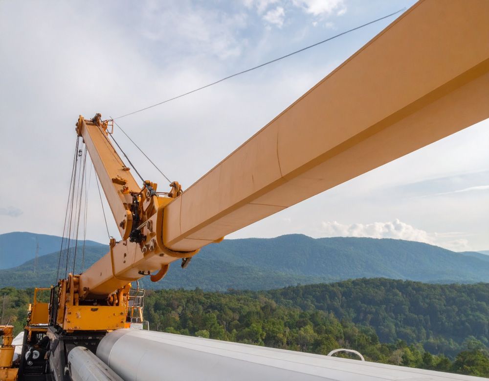 A large yellow crane with mountains in the background