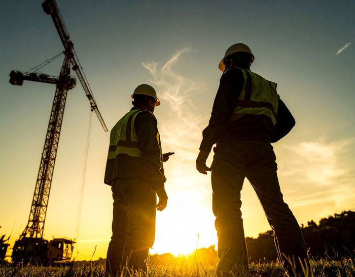 Two construction workers are standing in front of a crane at sunset.