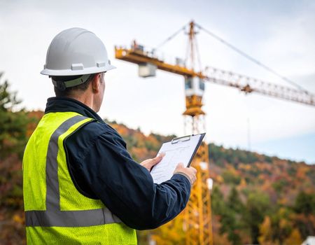 A construction worker is looking at a clipboard at a construction site.