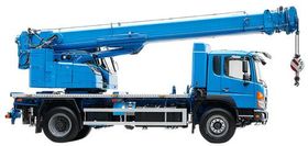 A blue truck with a crane attached to it on a white background.