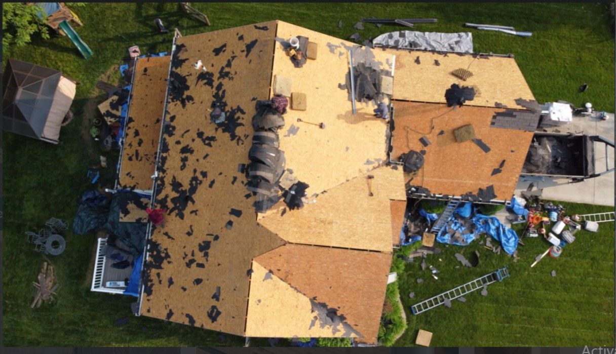 An aerial view of a house that is being remodeled