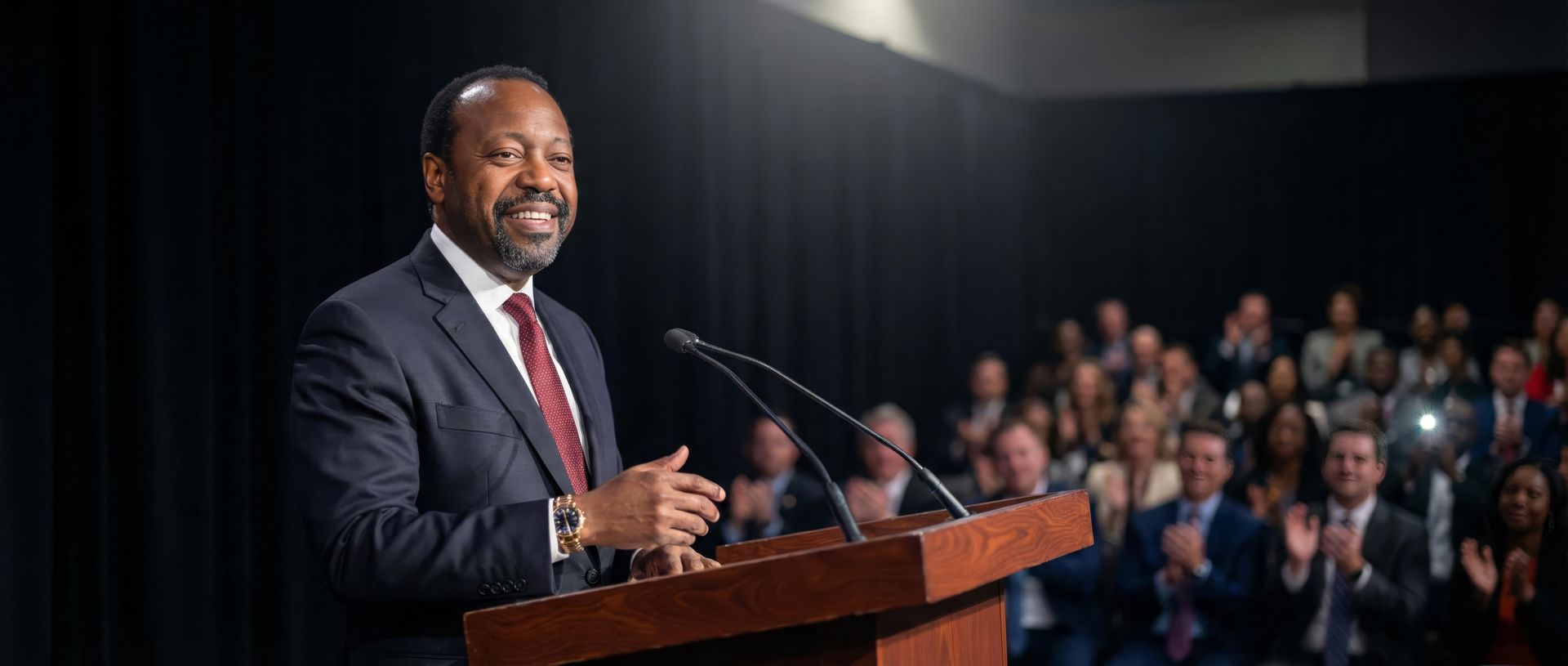 Man in suit speaking at a podium, smiling, with audience applauding in a dark setting.