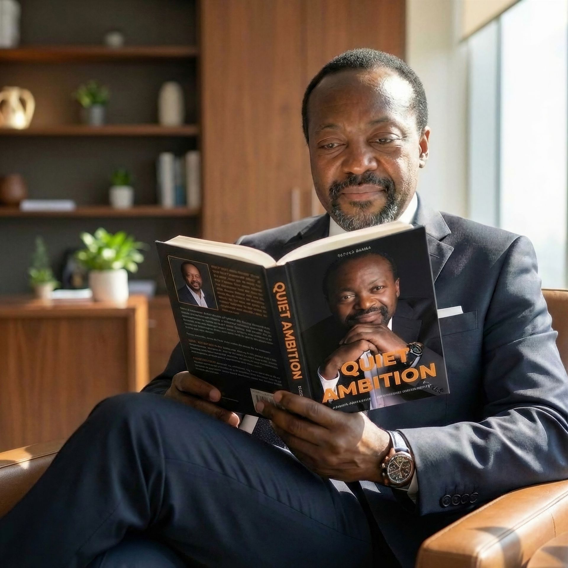 Man in suit reading a book titled 
