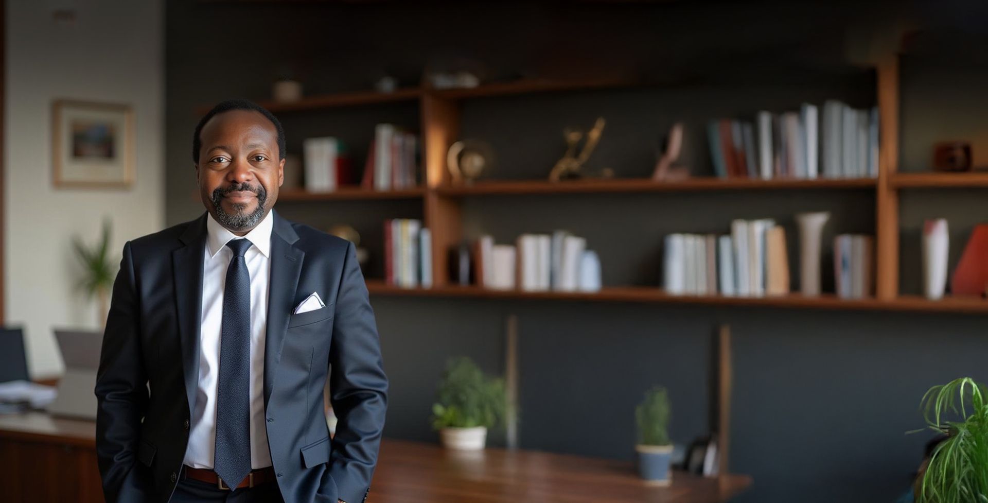 Man in suit, smiling, standing in front of a bookshelf in an office setting.
