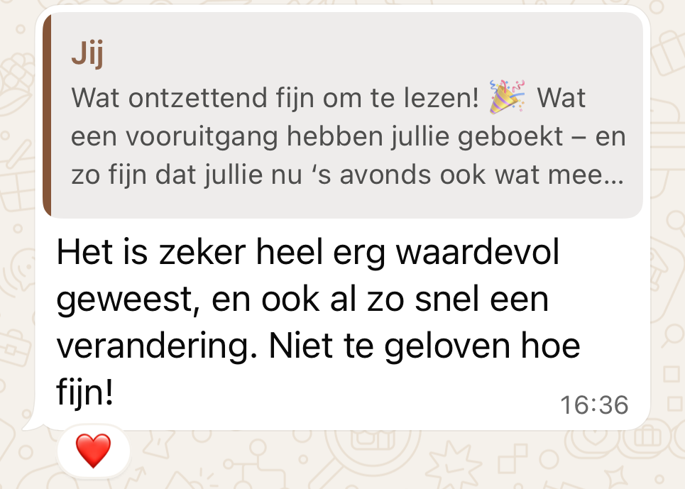Ervaringen van ouders, via Whatsapp aan Rust en Slaap