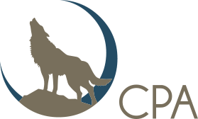 A logo for cpa with a wolf howling at the moon