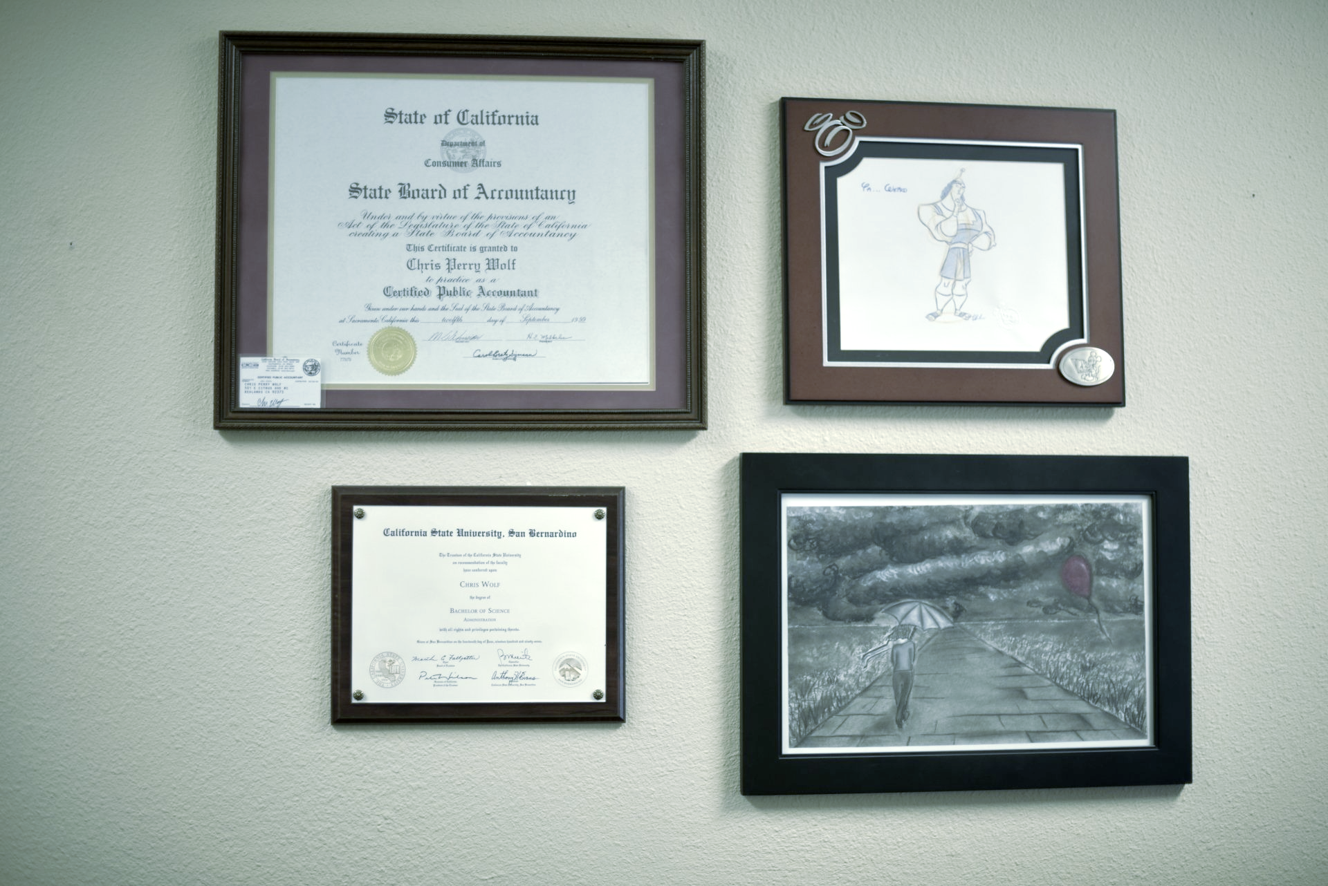 Certified Public Accountant Documents on wall Wolf CPA Redlands CA