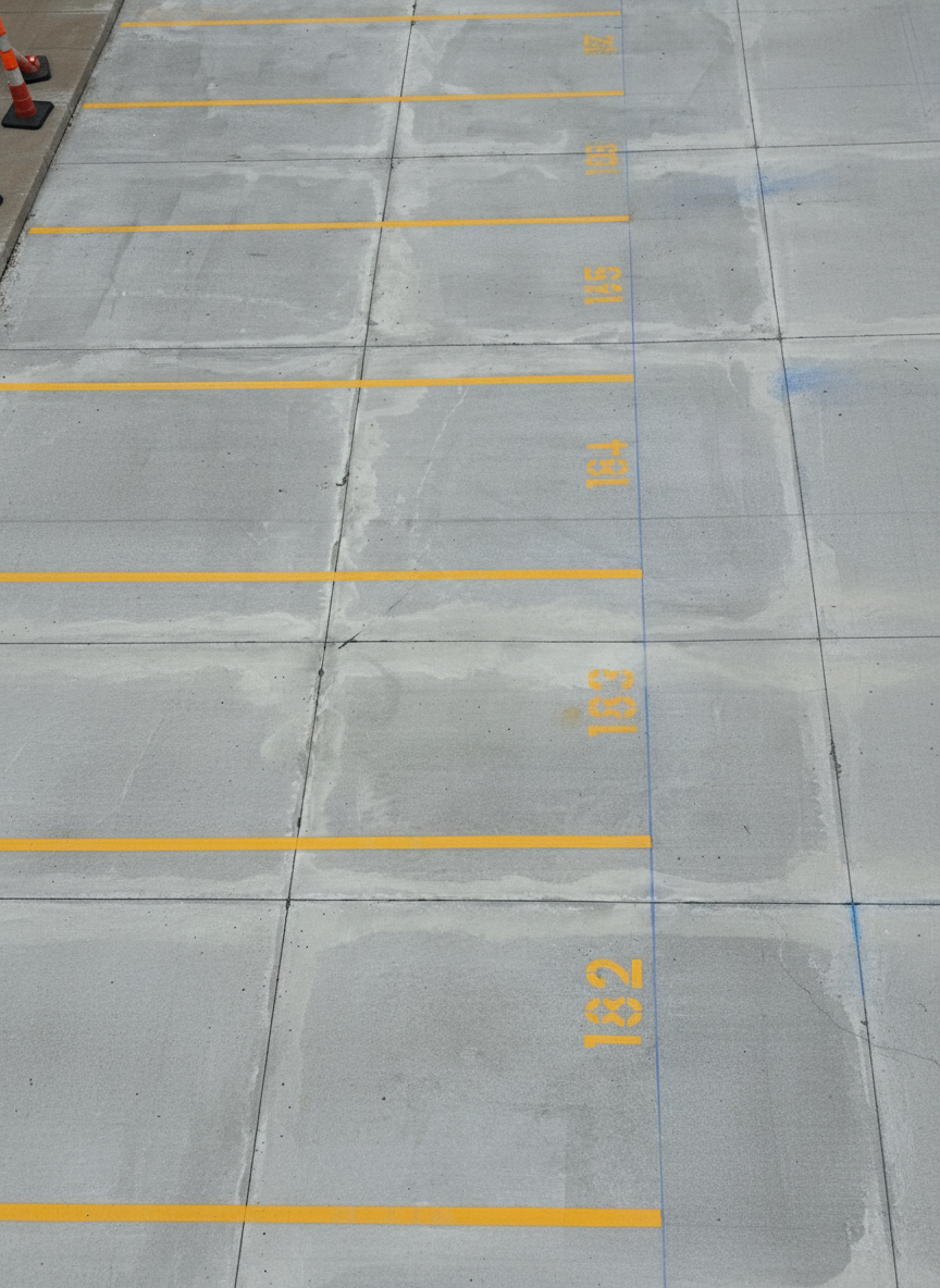 Parking Lot Lines Painted with Numbered Stencils for a commercial business in St Louis MO