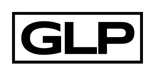 A black and white logo for glp in a square on a white background.