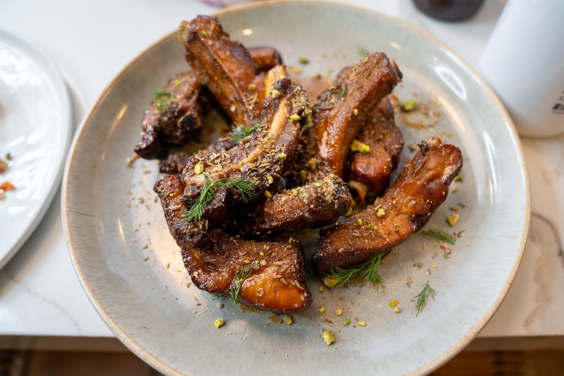 A close up of a plate of food on a table.