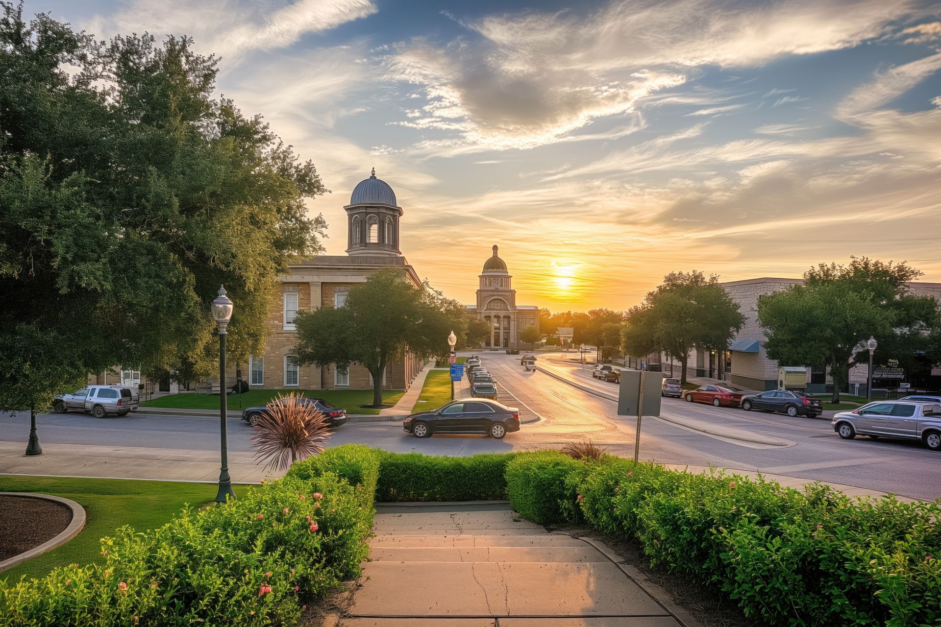 A sunset over a city street with a courthouse in the background.