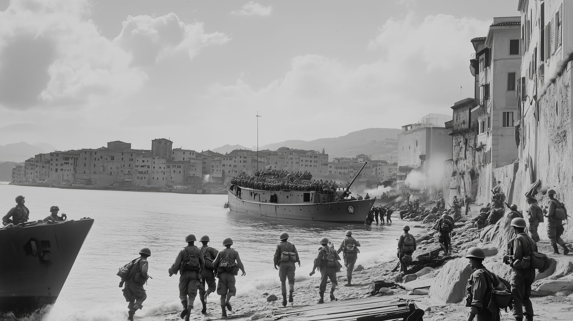 A black and white photo of soldiers walking out of the water