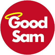 The logo for good sam is a red circle with white letters and a yellow halo.