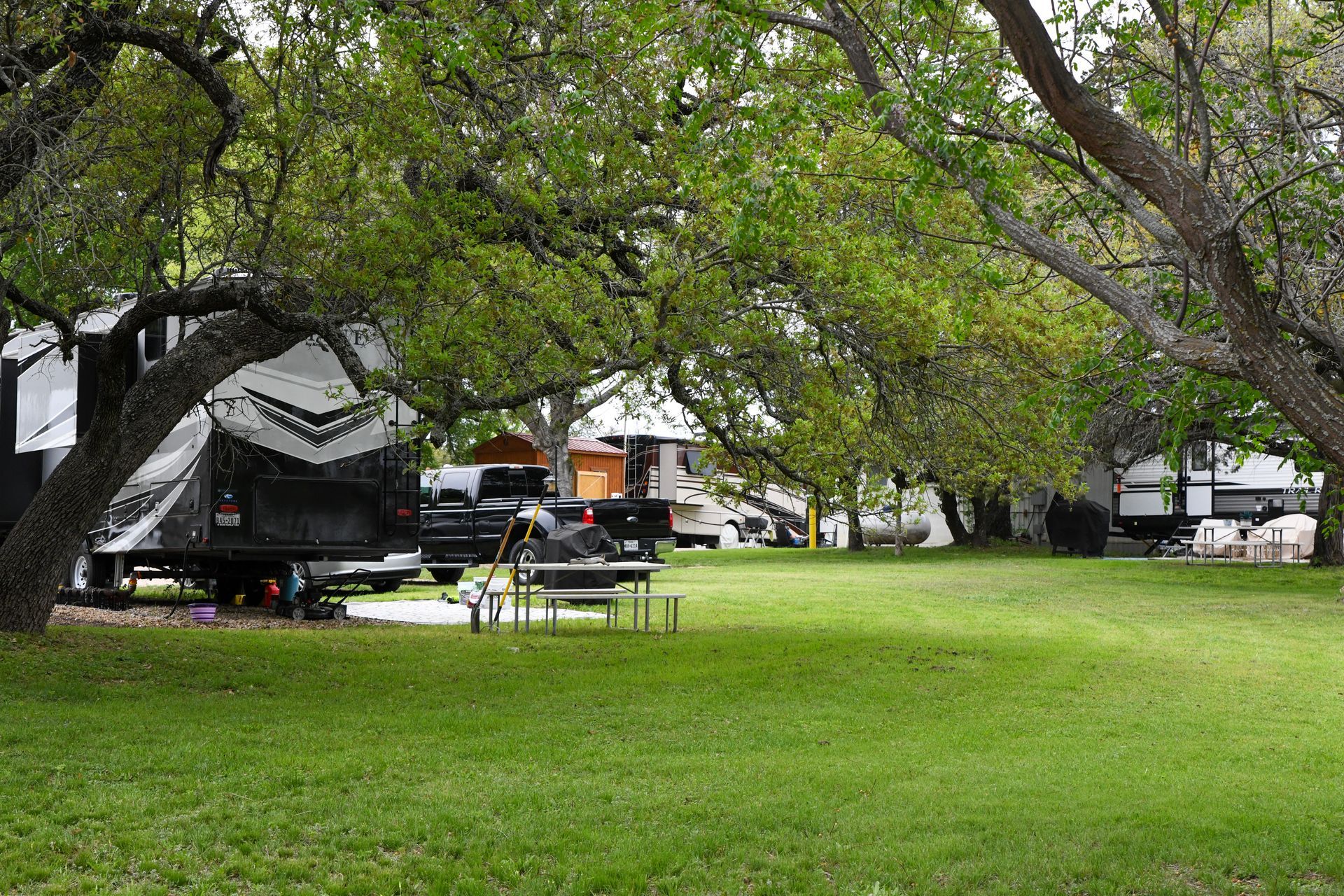 A rv parked in a grassy field surrounded by trees.