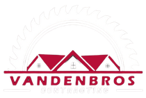 Vandenbros Contracting logo with red roof shapes and a faint gray saw blade background
