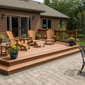Wooden deck with Adirondack chairs and potted flowers beside a house, overlooking a paved patio