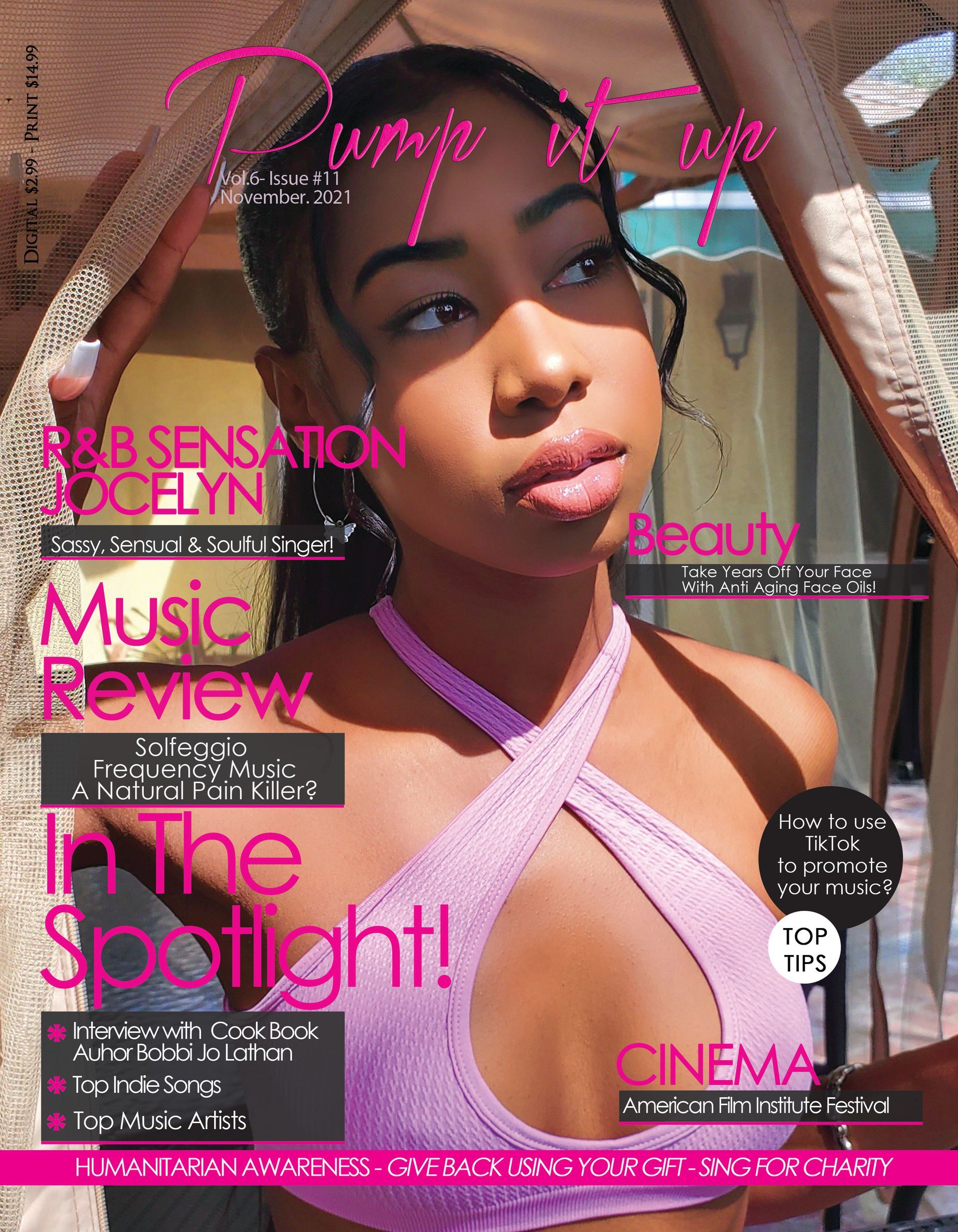 A woman in a pink bikini is on the cover of a magazine.