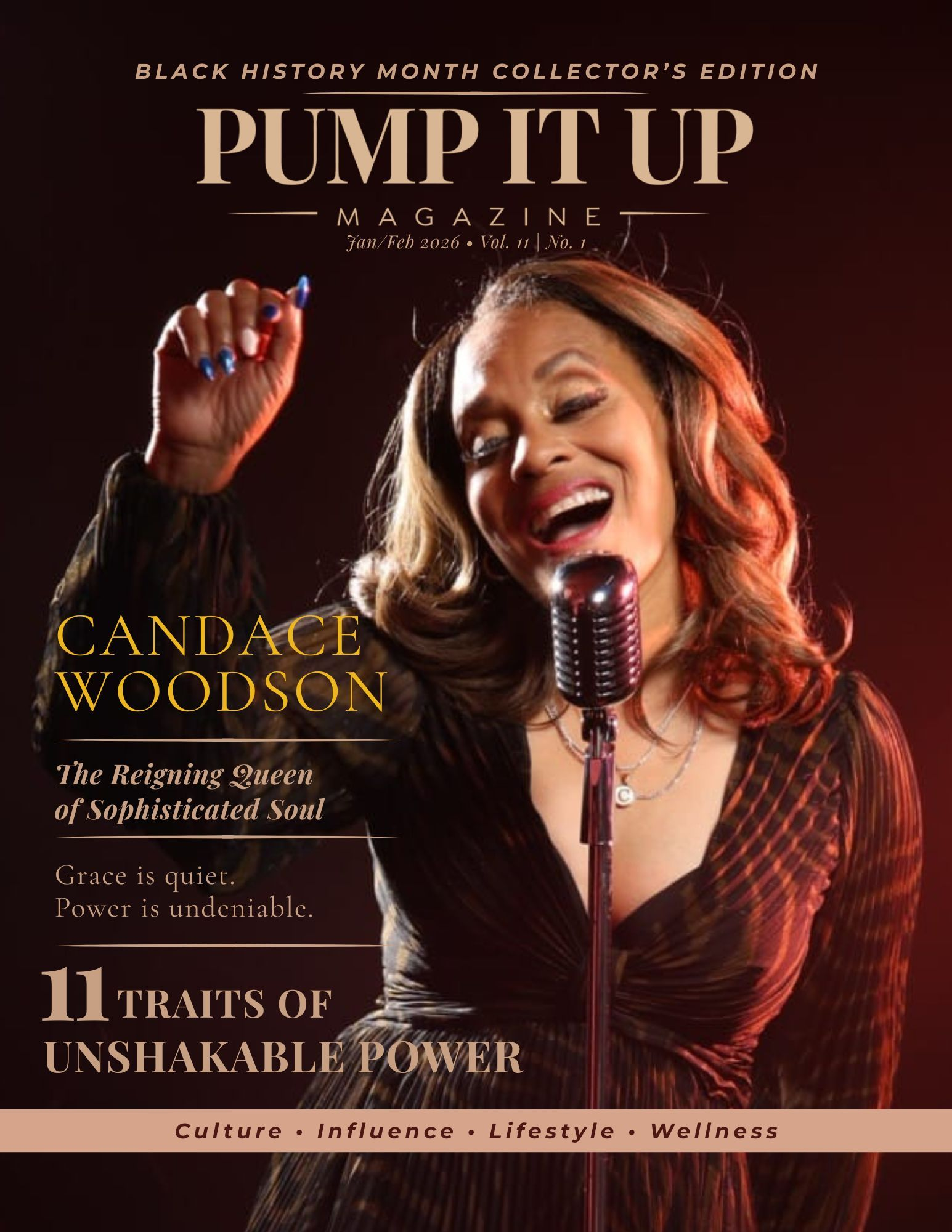 Promotional graphic for Pump It Up Magazine. Includes magazine covers, QR code, and social media handles.