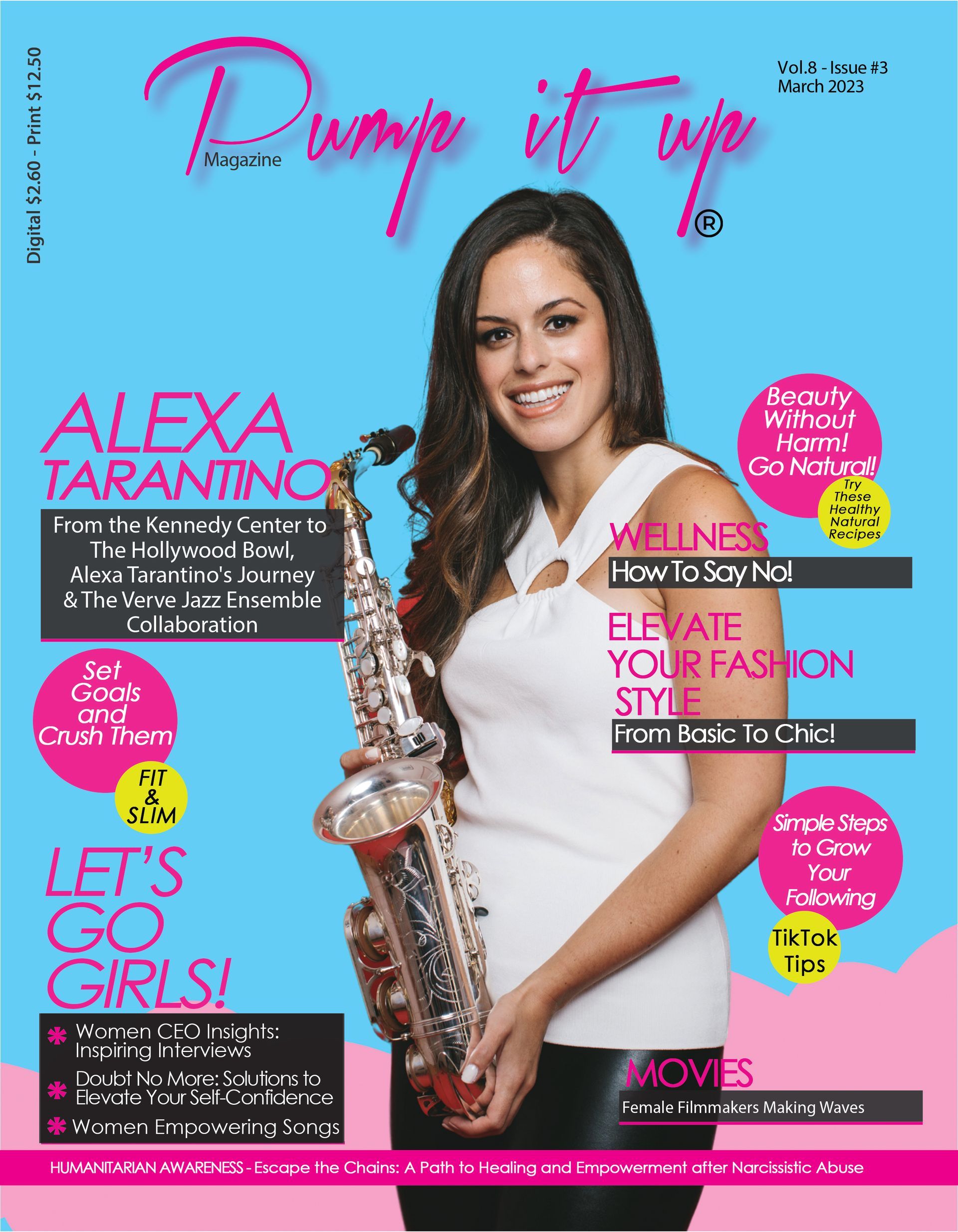 A woman is holding a saxophone on the cover of a magazine